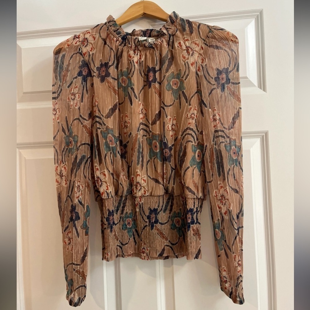 Joie Tan and gold, floral, designer, high neck, long sleeve blouse
